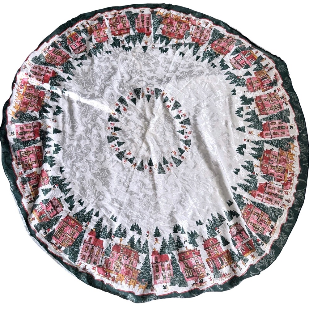 Vintage Christmas Village Round Tablecloth 68" & 1 Napkin Pink Green Damask